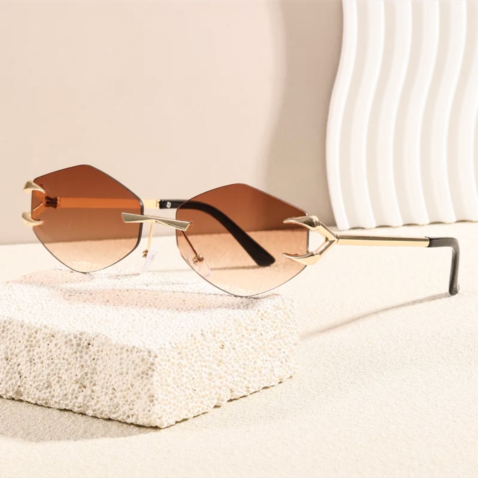 Hexagon Rimless Gold Frame Stylish Light Brown Gradient Tinted Lens Sunglasses