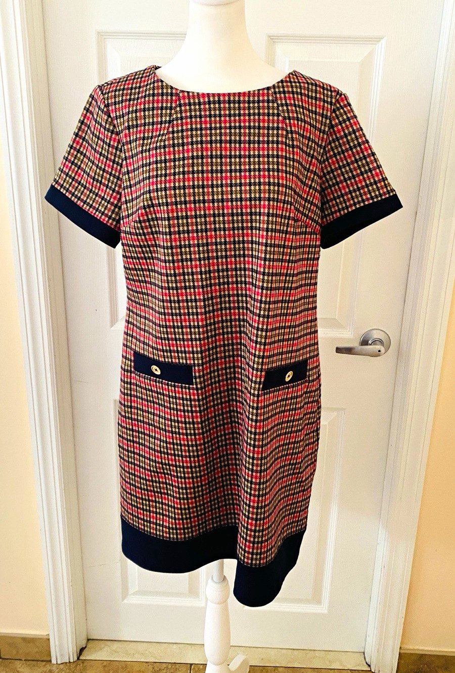 Tommy Hilfiger Plaid Knit Shift Dress Cap Sleeve Pockets Knee Red 12