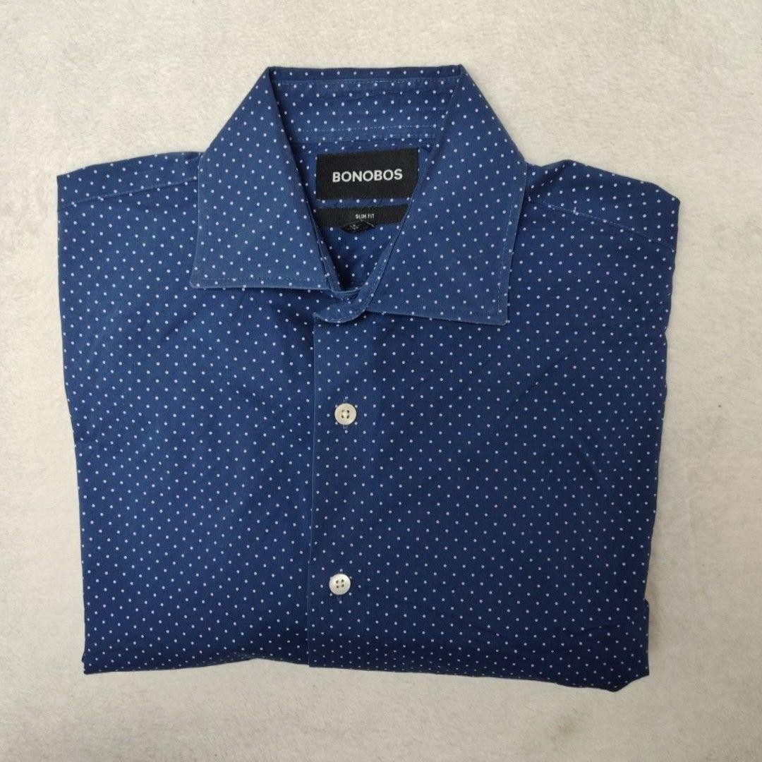 Bonobos Shirt Mens 16 34/35 Blue Polka Dot Slim Point Collar Long Sleeve Stretch