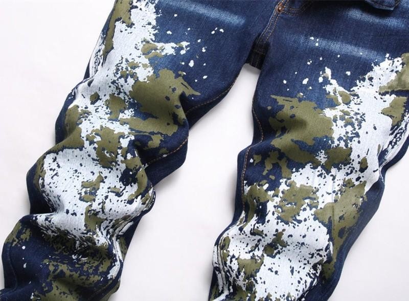 Men’s Blue Denim Jeans Printed Straight Leg Stretch Casual Punk Hip Hop Trousers