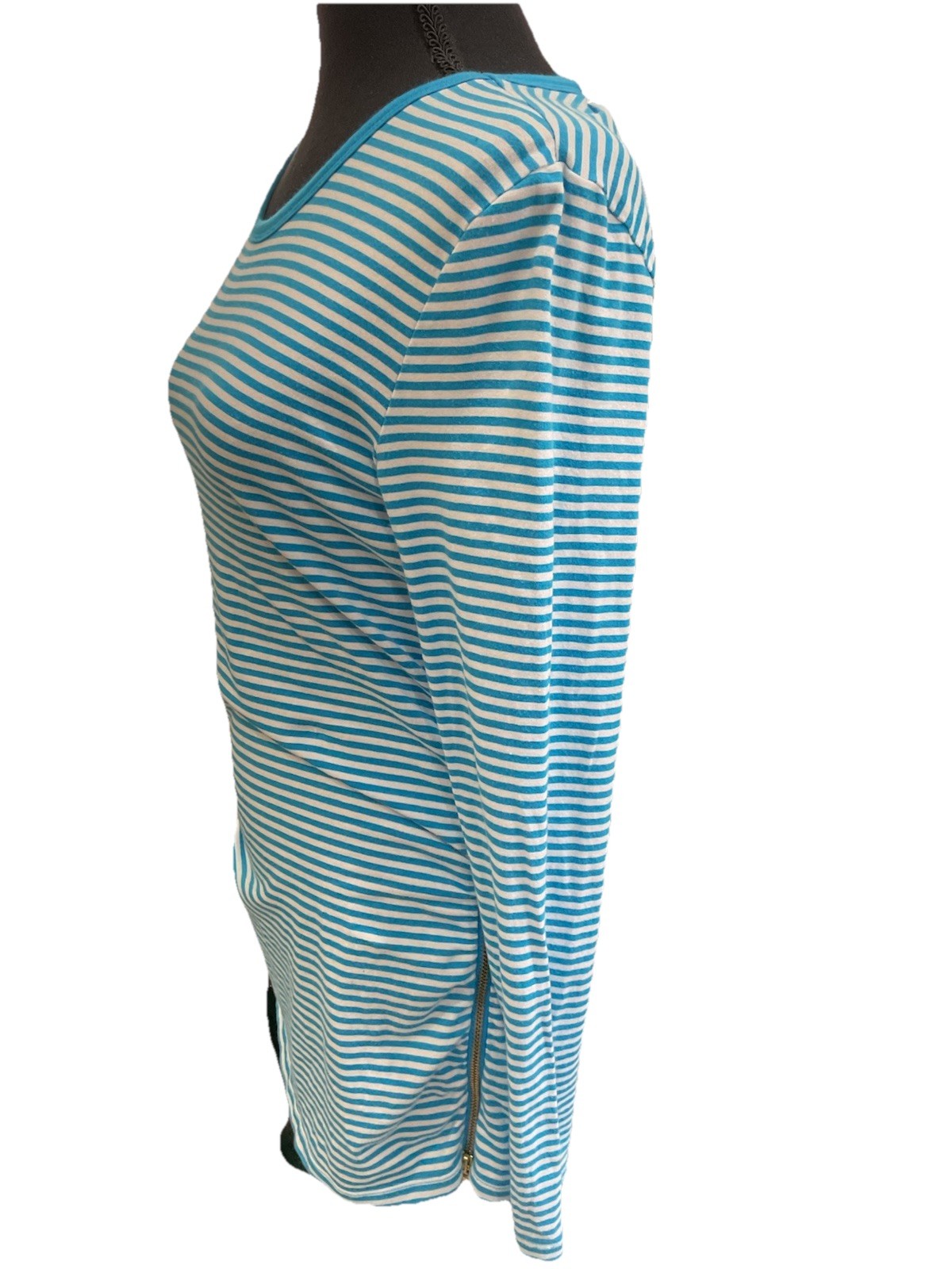Michael Kors Turquoise And White Striped Tunic Long Slvs Zipper Up One Side PL