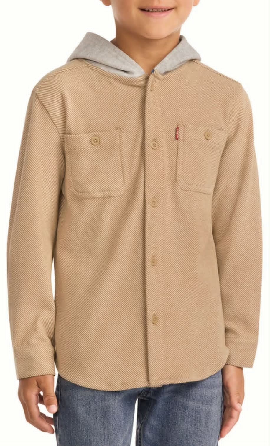 Levi’s Boys Warm Regular Fit Button Up Flannel Hooded Overshirt Iced Coffee M 8