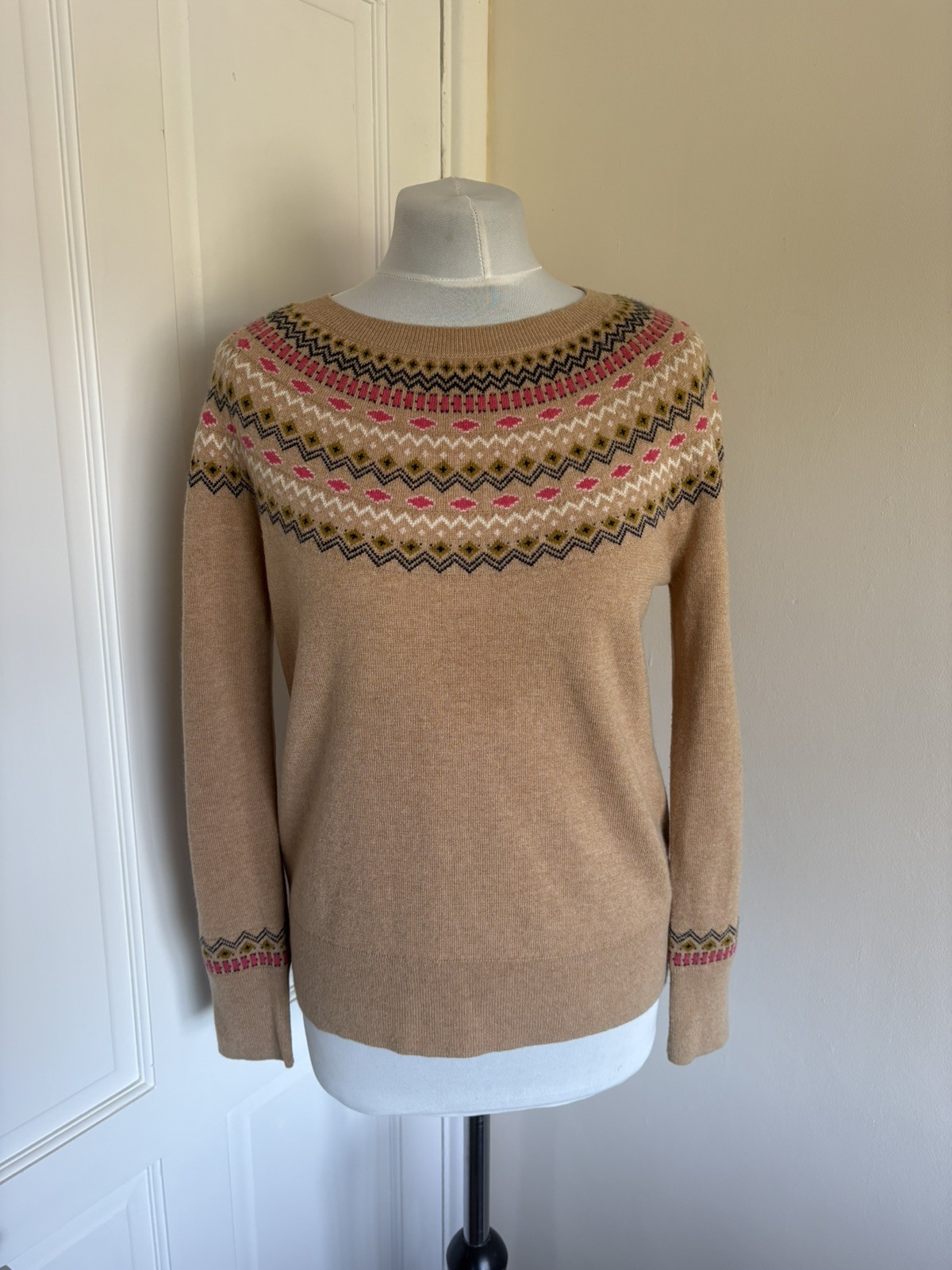 Hobbs Ladies Greta Fair Isle Wool Cashmere Blend Knit Jumper Camel Size Medium