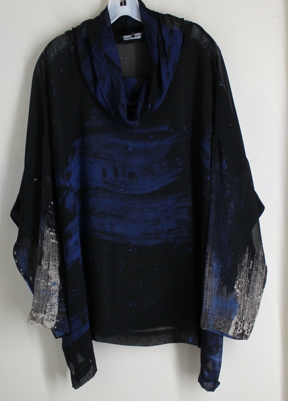 New Eskandar Sz 0 Silk Chiffon Flowing Black Blue Beige 27″Long Monk Cowl Top