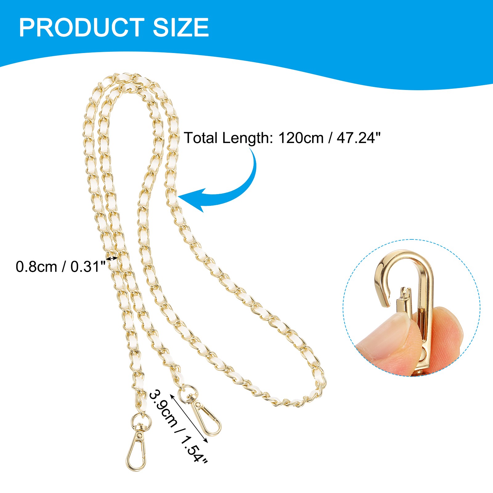 47″ Purse Chain Strap, DIY Bag Chain Strap Replacement Adjustable, White&Gold