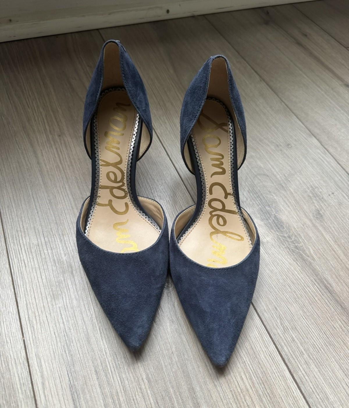 Sam Edelman Navy Blue Suede Pointed Toe D’Orsay Pump Heels Slip On Cut-Out 6.5