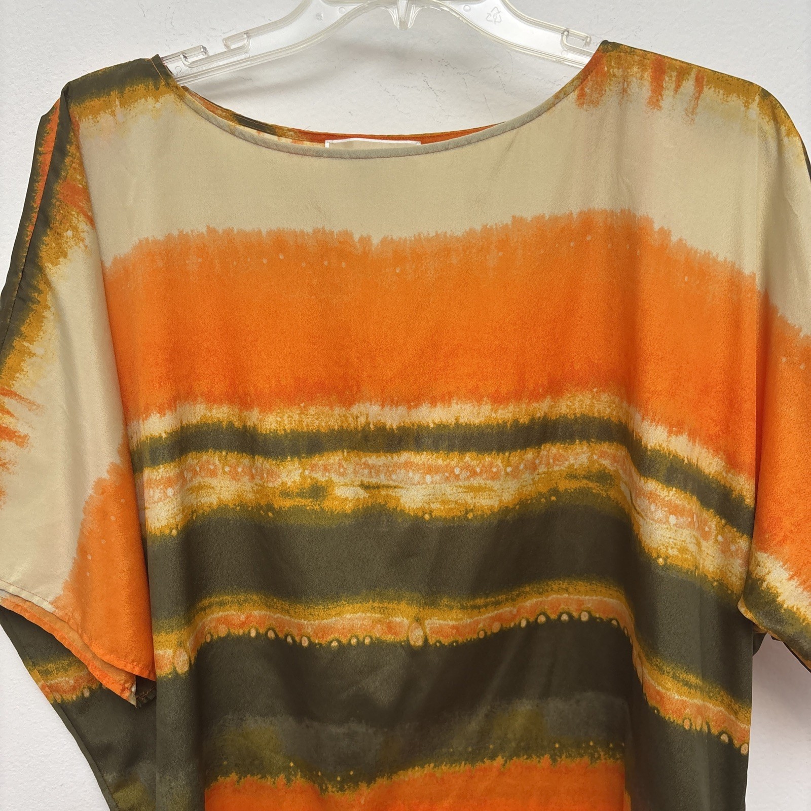 MICHAEL KORS Blouse, Orange Green Beige Tie Dye Stripe, Dolman Sleeve, Womens XL