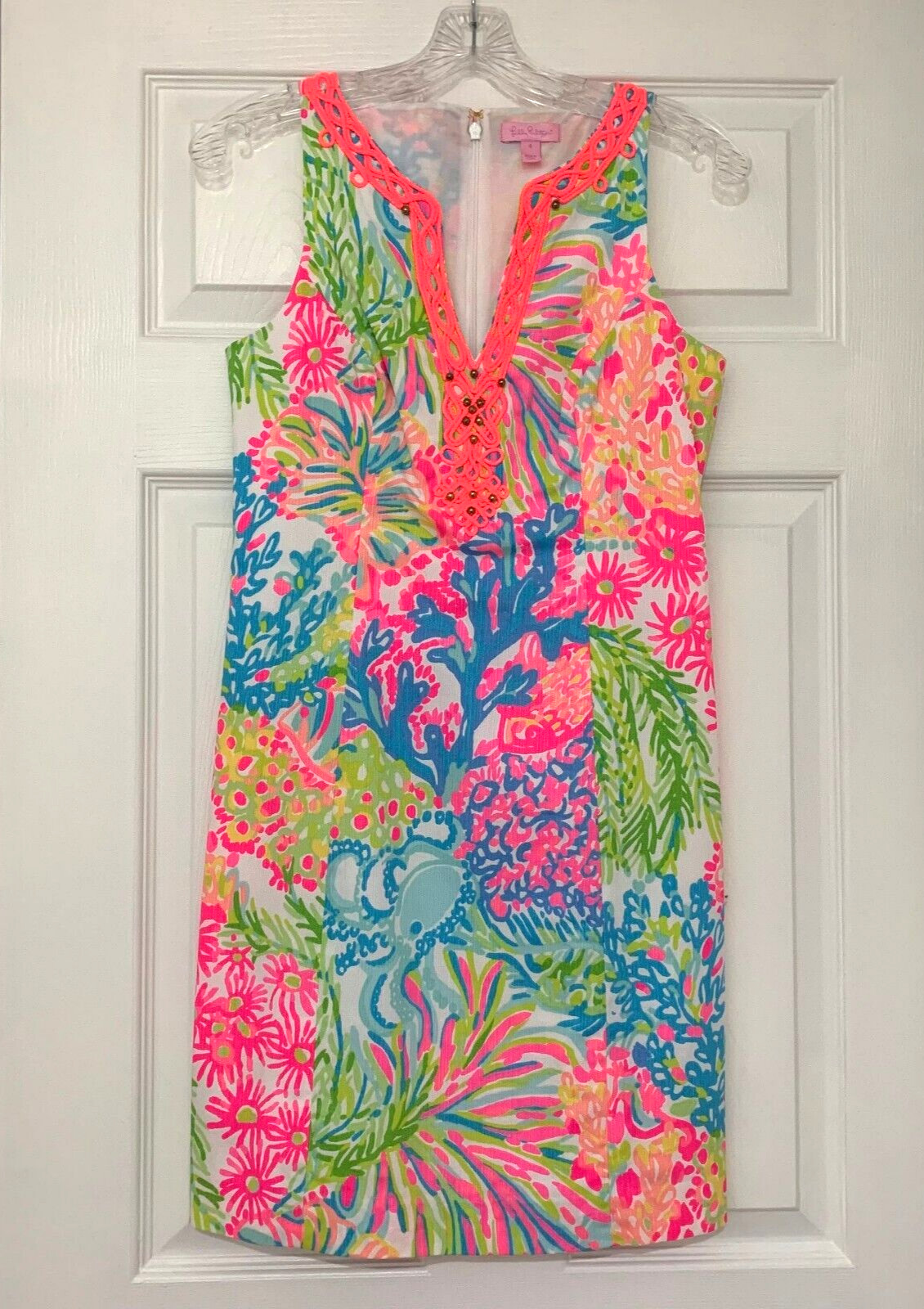 Lilly Pulitzer Ryder Beaded Shift Dress Lovers Coral 0 00 XS Coral Octopus Neon