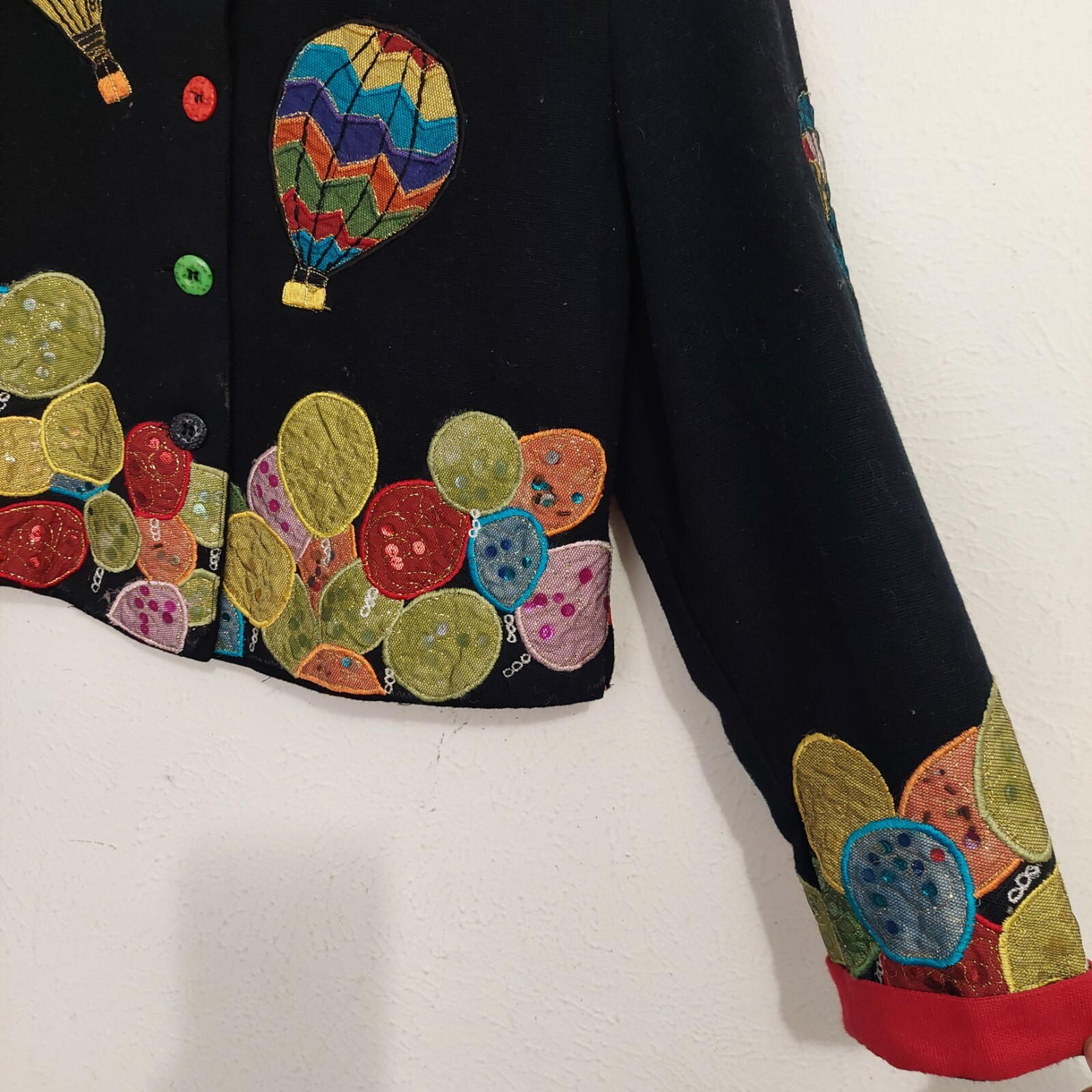 Vintage Anage Black Hot Air Balloons Button Down Jacket Sequins Patchwork 80s S