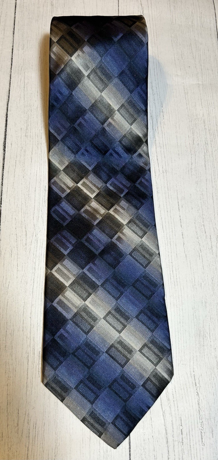 Murano Silk Necktie Blue Black Silver Checkered Made In USA 4”x60”
