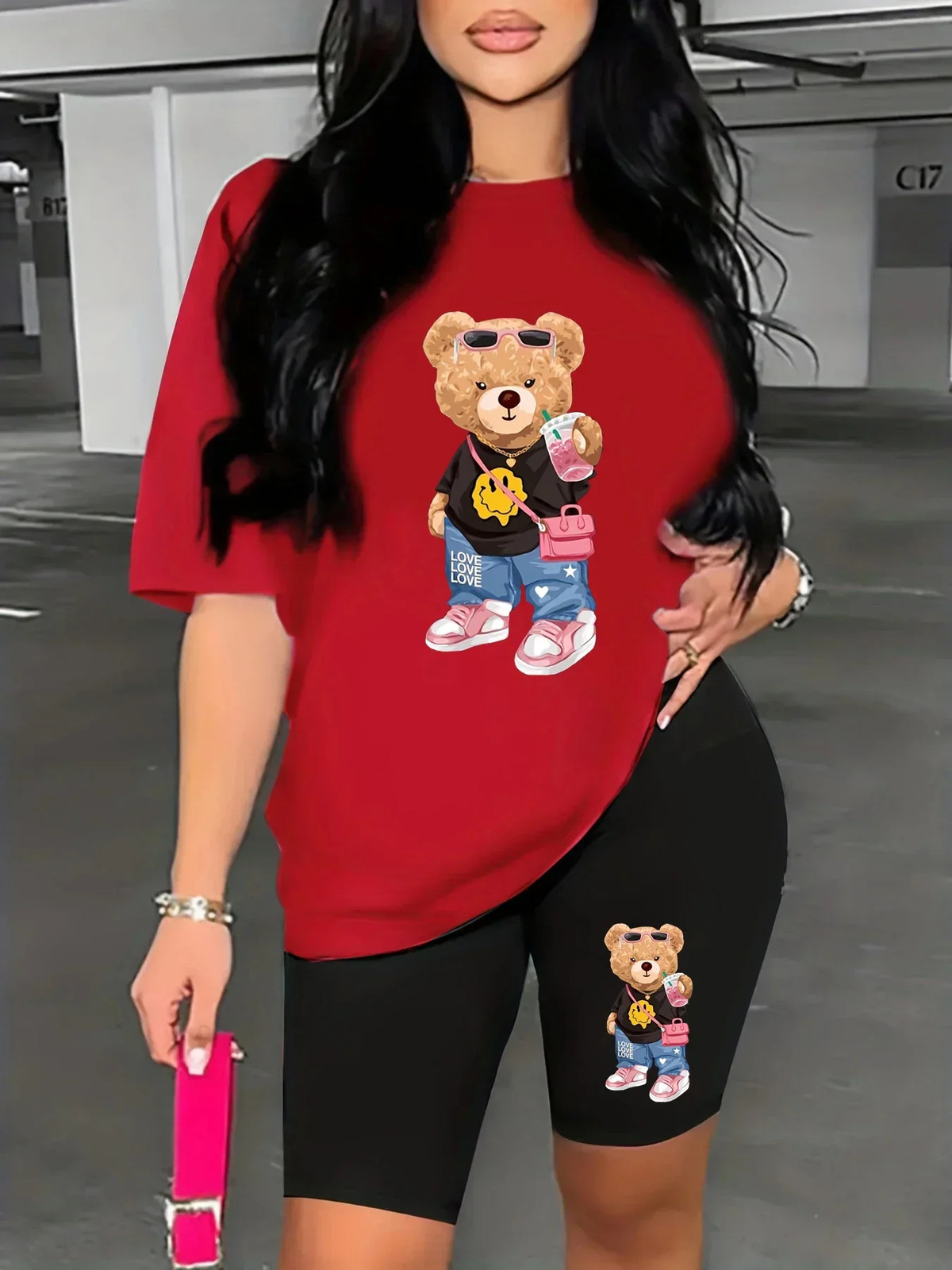 Women’s Summer Bear Cartoon Print Casual Loose Round Neck T-Shirt Shorts Set