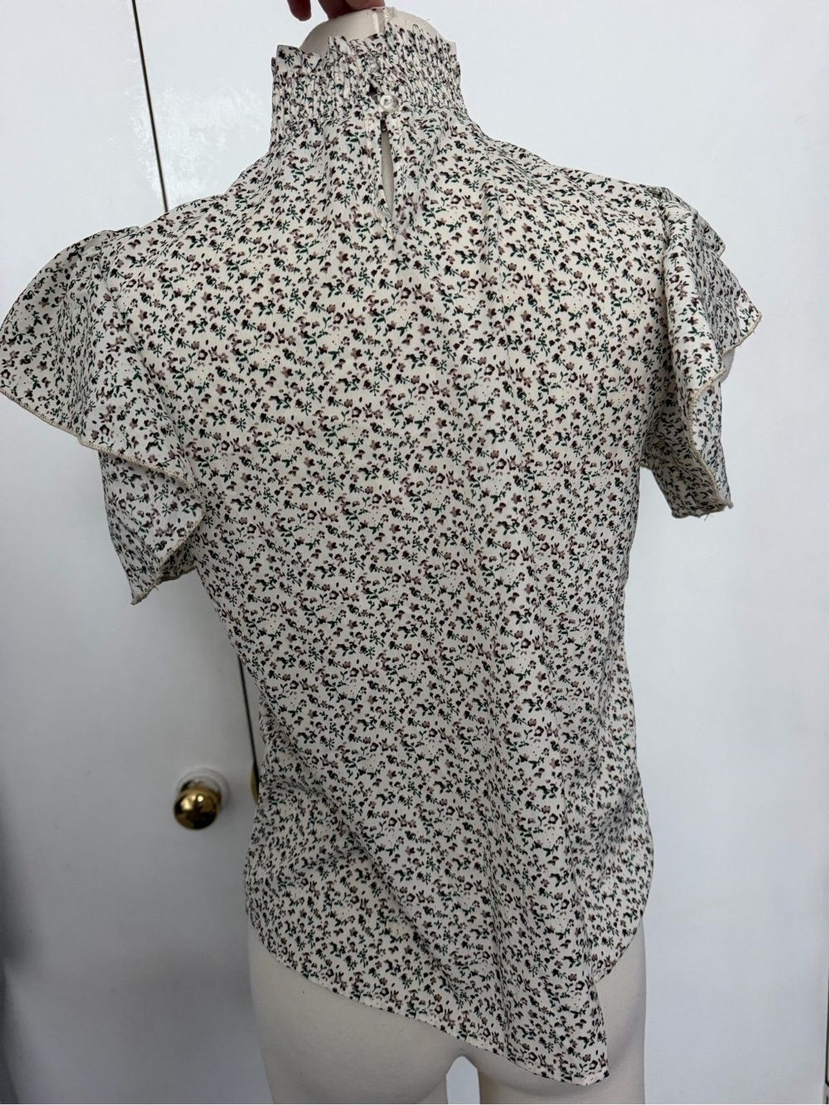 Cream Floral Smocked High-Neck Ruffle Sleeve Top
