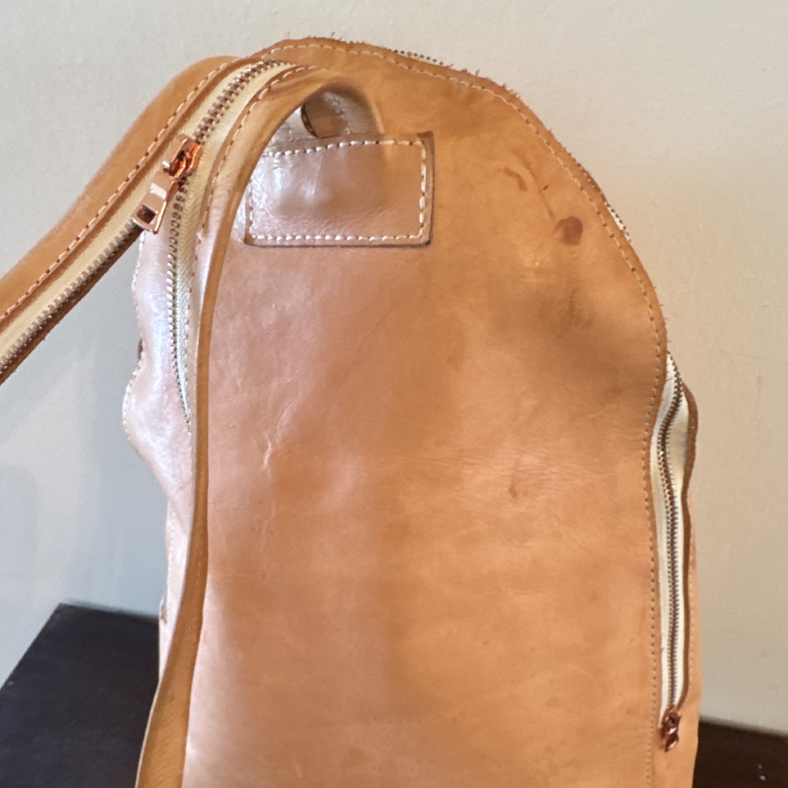 YIELD Tan Leather Backpack Zipper Accent Shoulder Strap Medium Solid