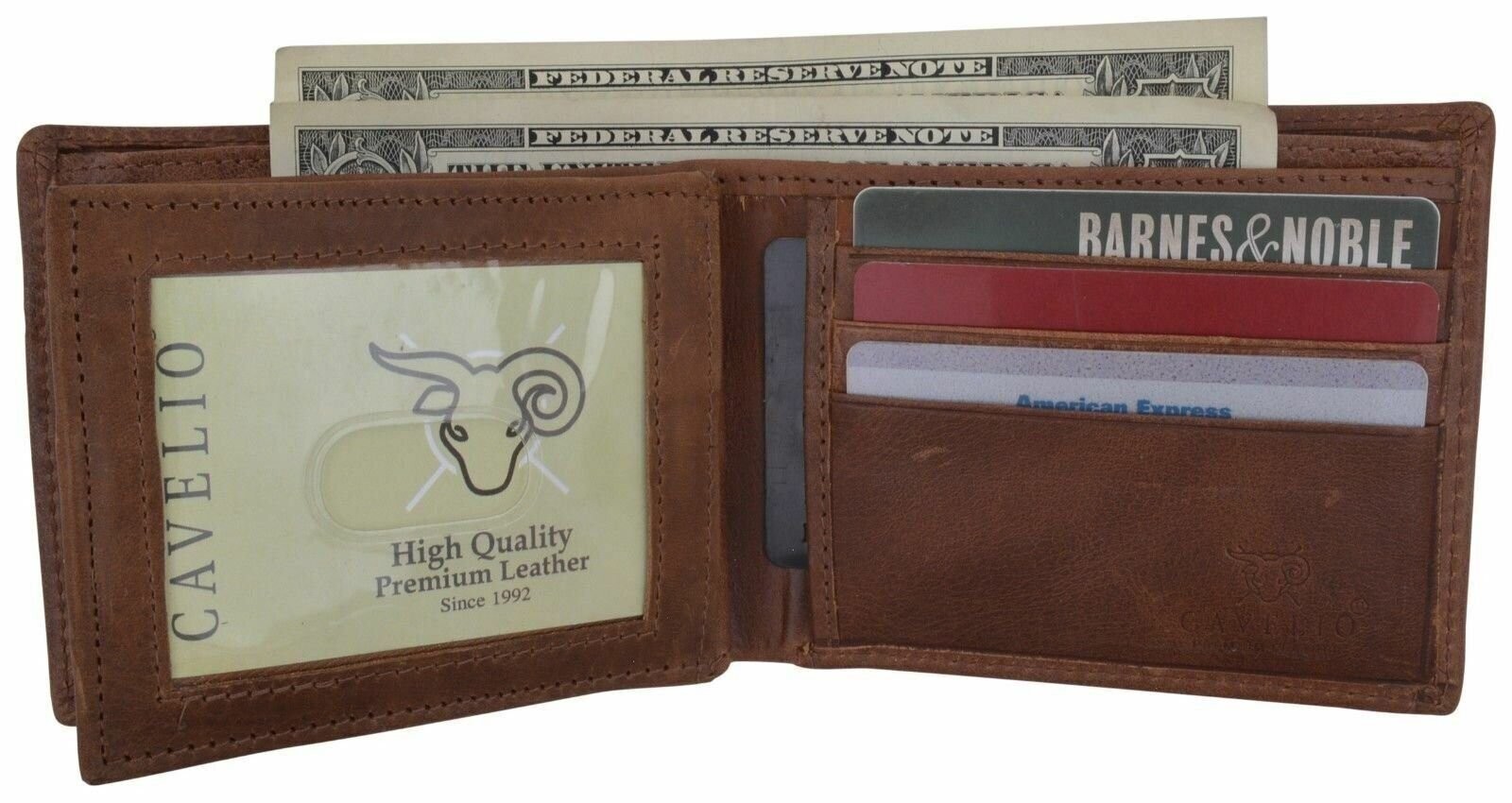 Premium Leather Mens Bifold Center Card ID Flap Tan Wallet Gift Box by Cavelio