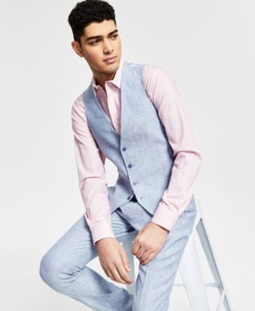 Bar Iii Mens Slim fit Button-Up Suit Vest Medium Blue Linen Linen