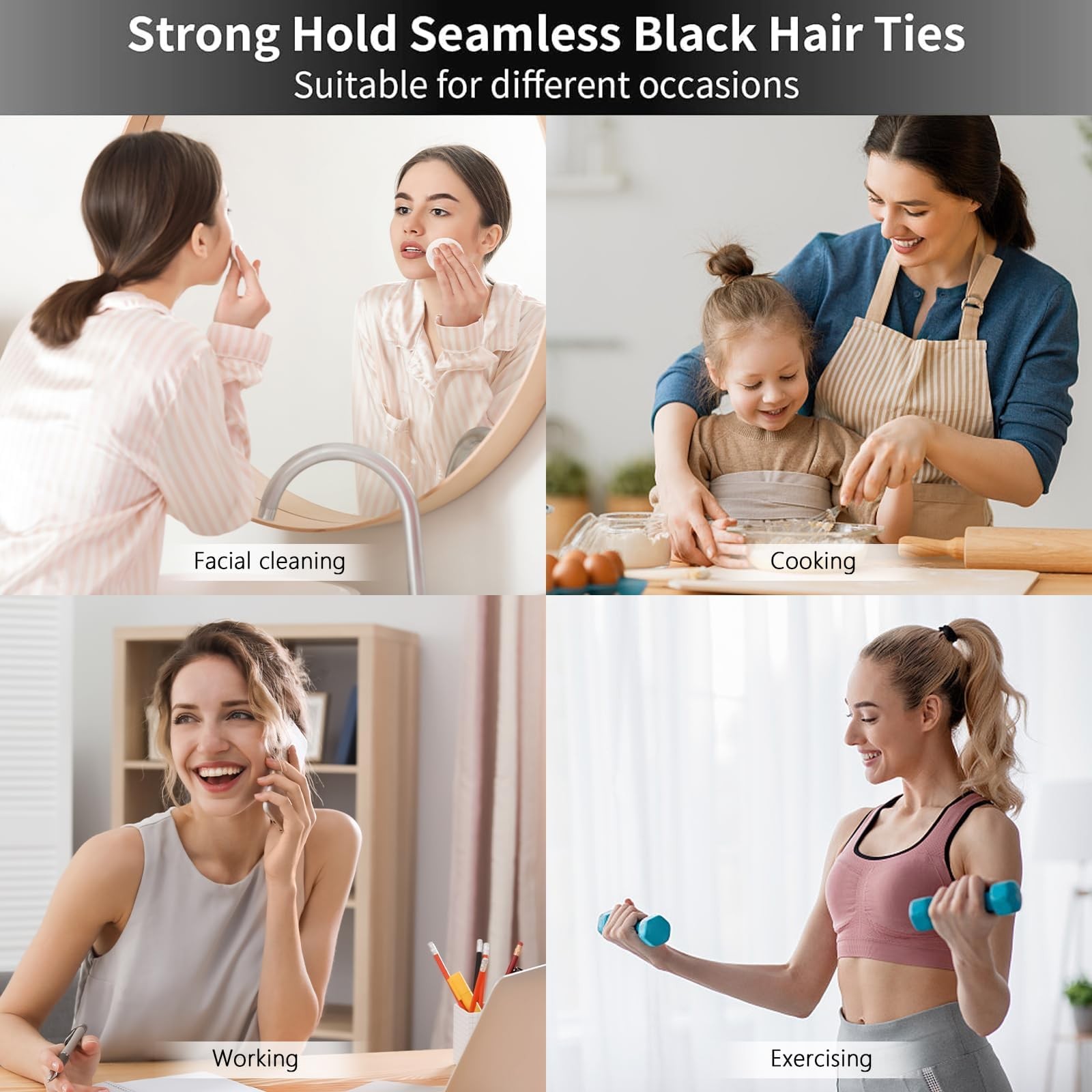 100PCS Black Seamless Elastic Hair Ties No Damage for Women Girls