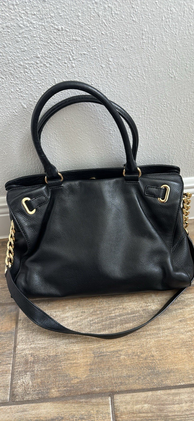 Michael Kors Black Pebbled Satchel Top Handle Zip Gold Hardware Chain Strap