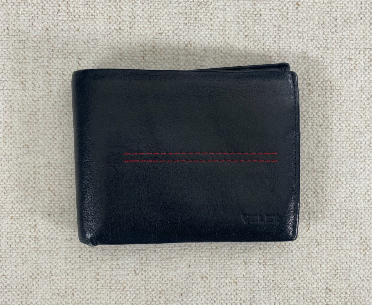 VELEZ Bifold Leather Wallet Mens Size 4.5×3.5″ Black Red Classic 8 Card Slots