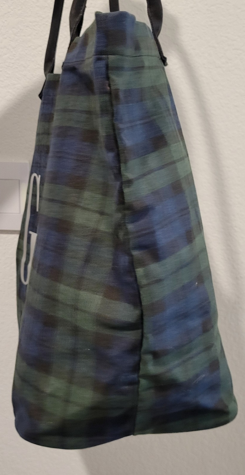 Gap Tote Bag Tartan Plaid Green Silver Logo Cotton 16 x 11 x 4.5 inches