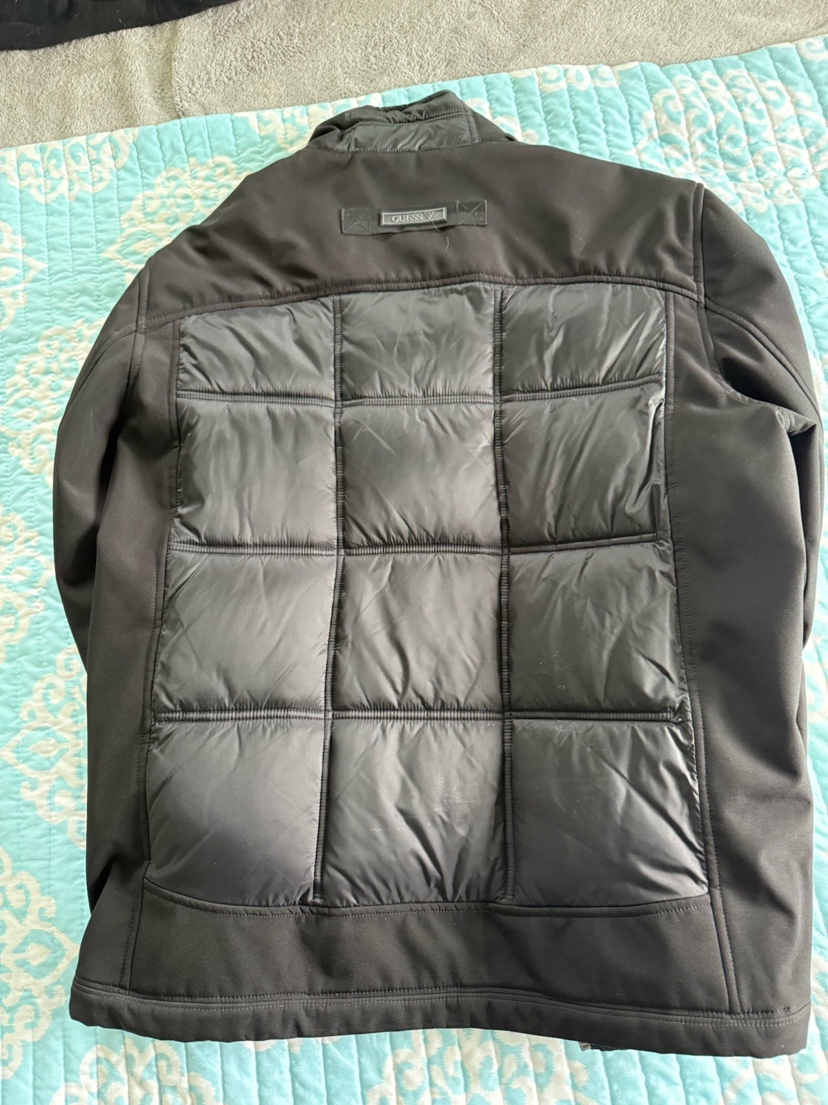 GUESS Puffer Jacket Black Quilted Zipper Logo Band Collar Lightweight Size XL