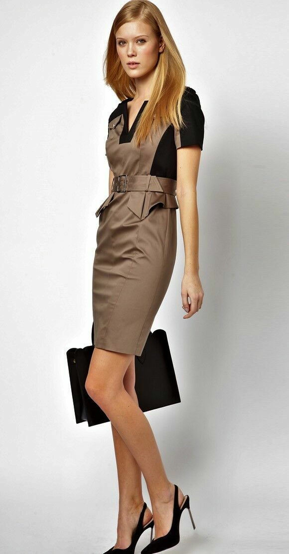 Karen Millen green khaki black panel shirt cotton safari peplum dress UK 10 US 6