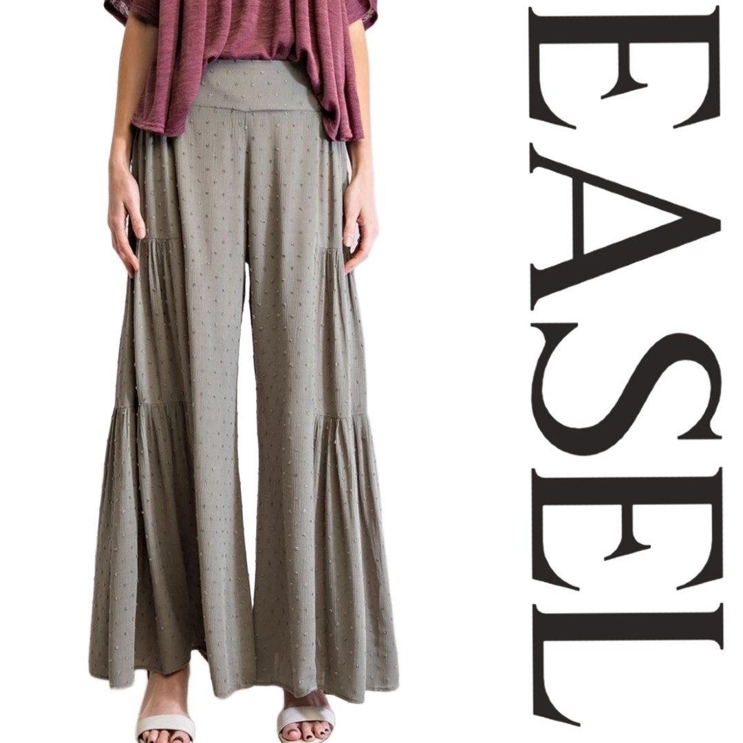 NWT S EASEL FADED OLIVE “ANY SEASON” SWISS DOT Tiered WIDE LEGS PANTS BHCS
