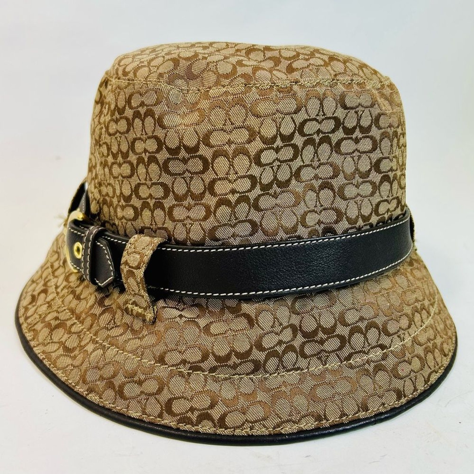 Coach Monogram Bucket Hat Khaki Brown Signature CC Logo with Leather Belt