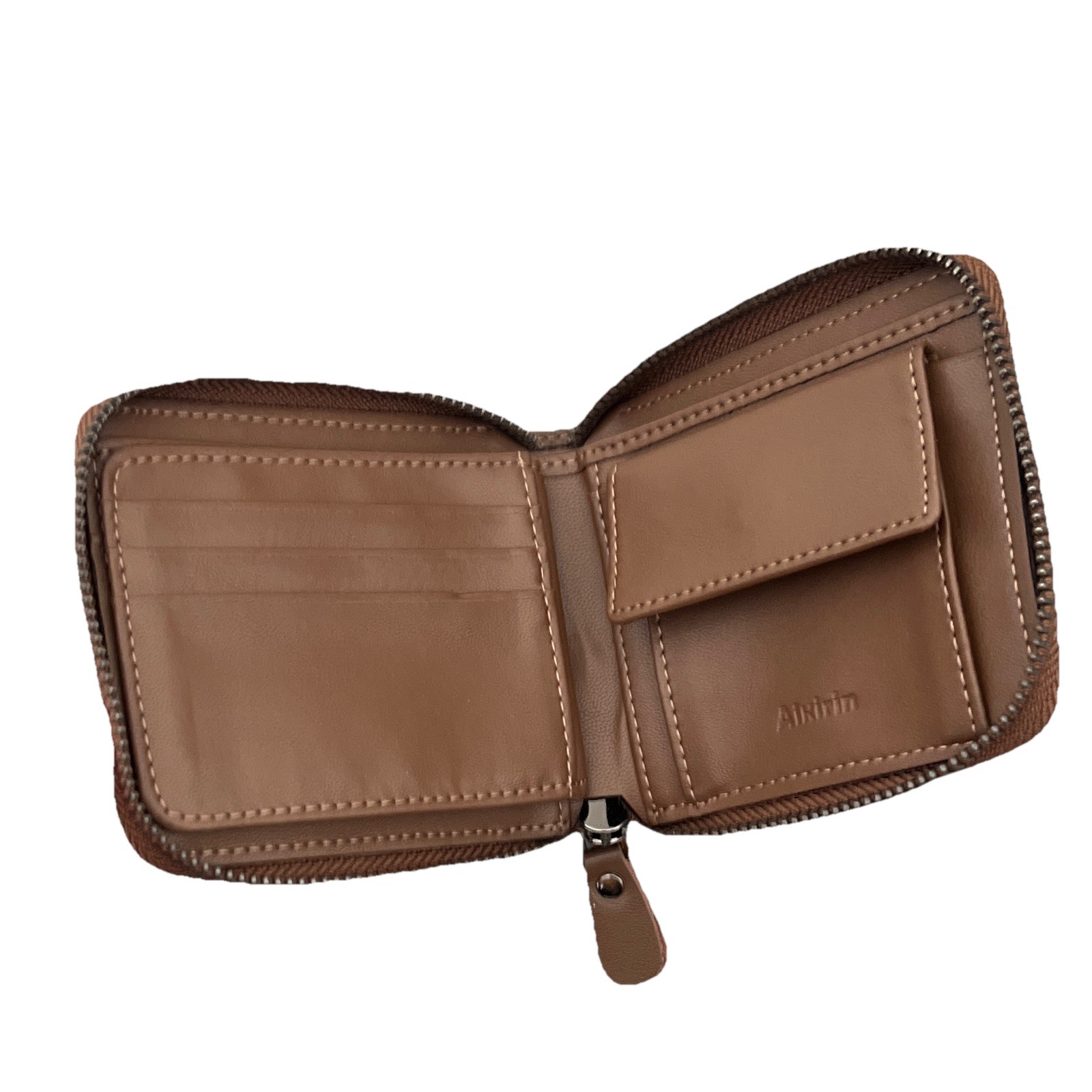 Aikirin Brown Zip-Around Bifold Wallet w/ ID Window & Credit Card Slots