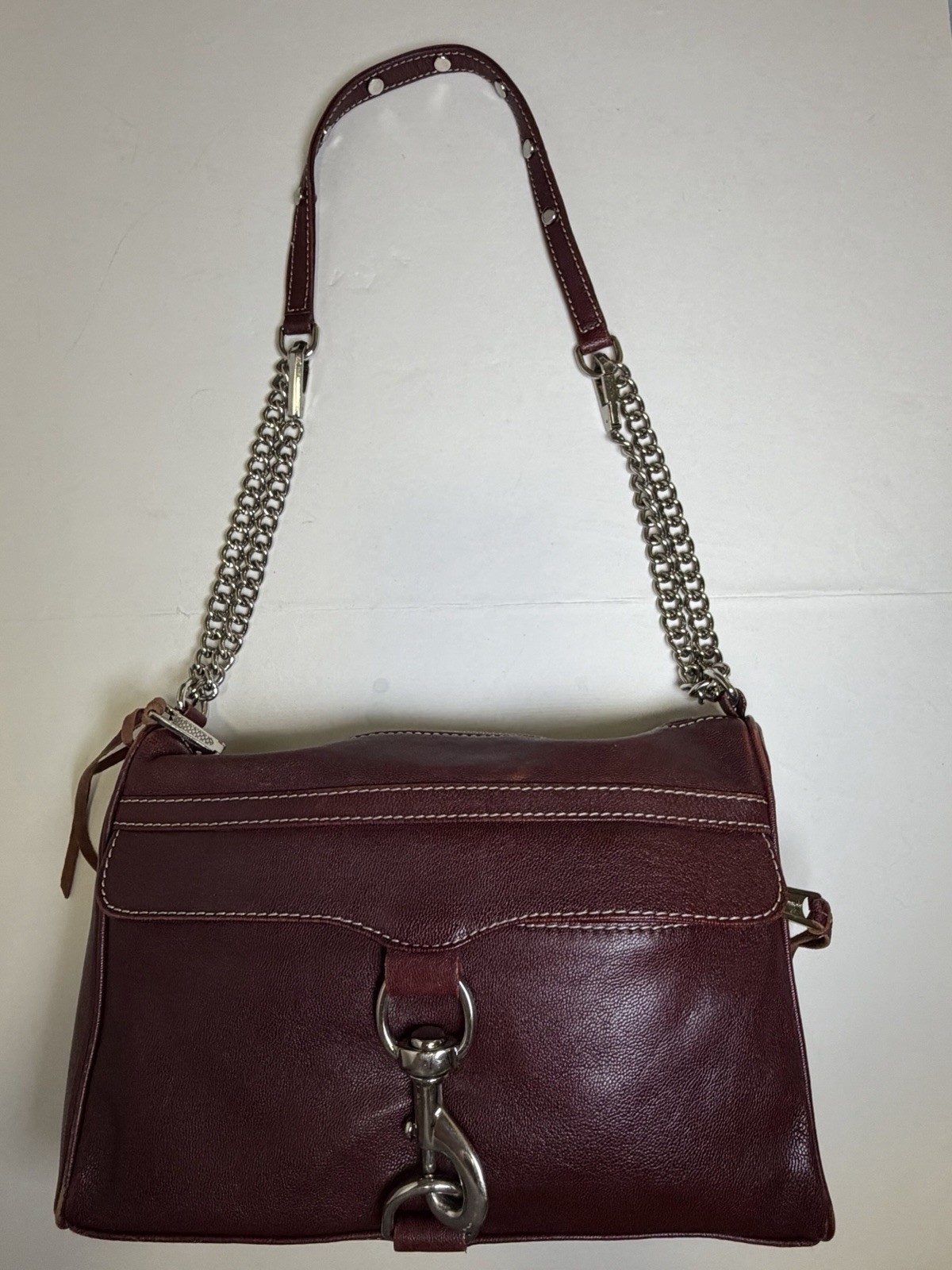 Rebecca Minkoff Mini Mac Crossbody Bag Maroon Leather Purse Chain Strap Studded