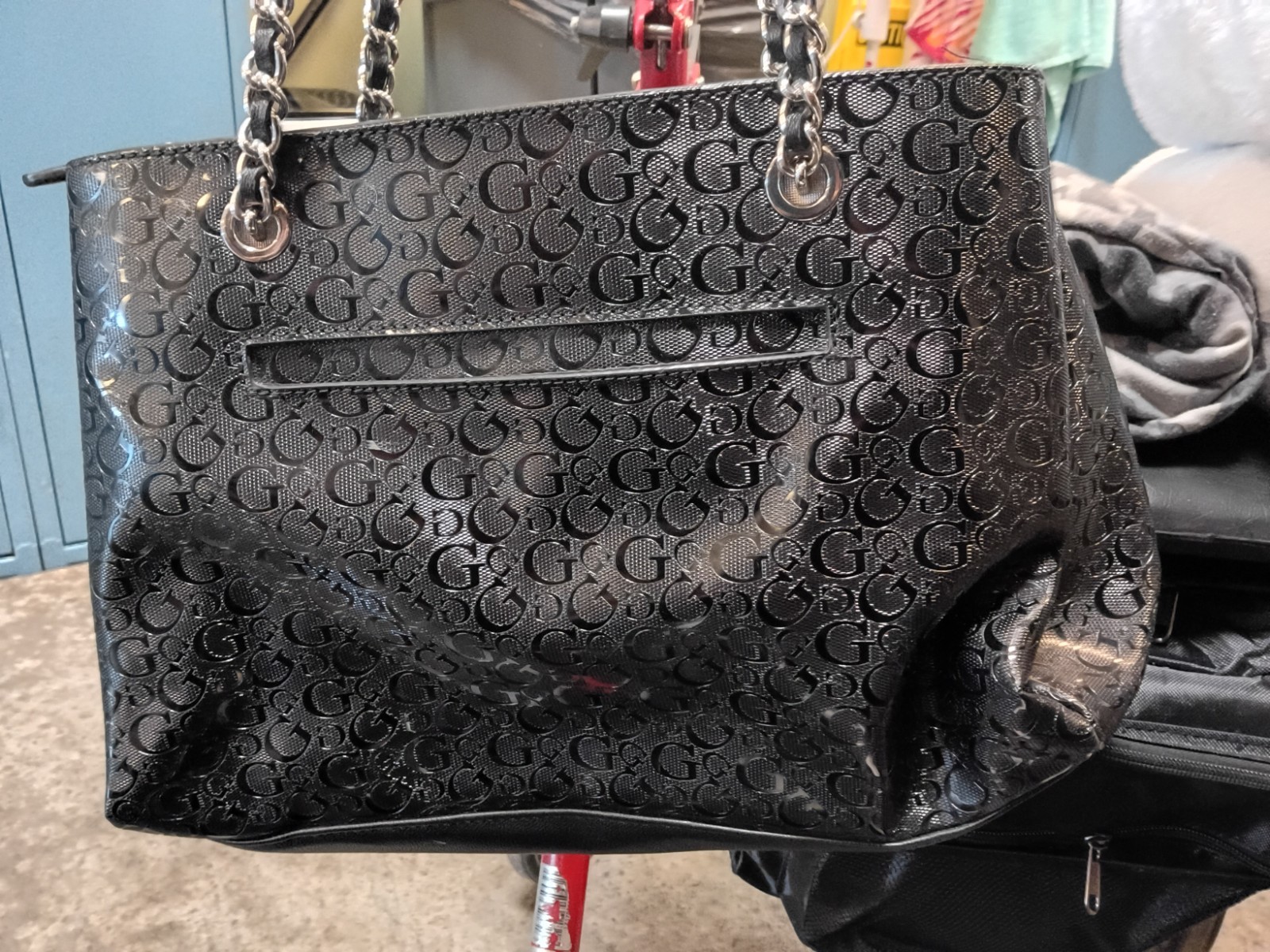 GUESS Black Logo Embossed Large Shoulder Tote Zip Chain Strap Silver Hardware