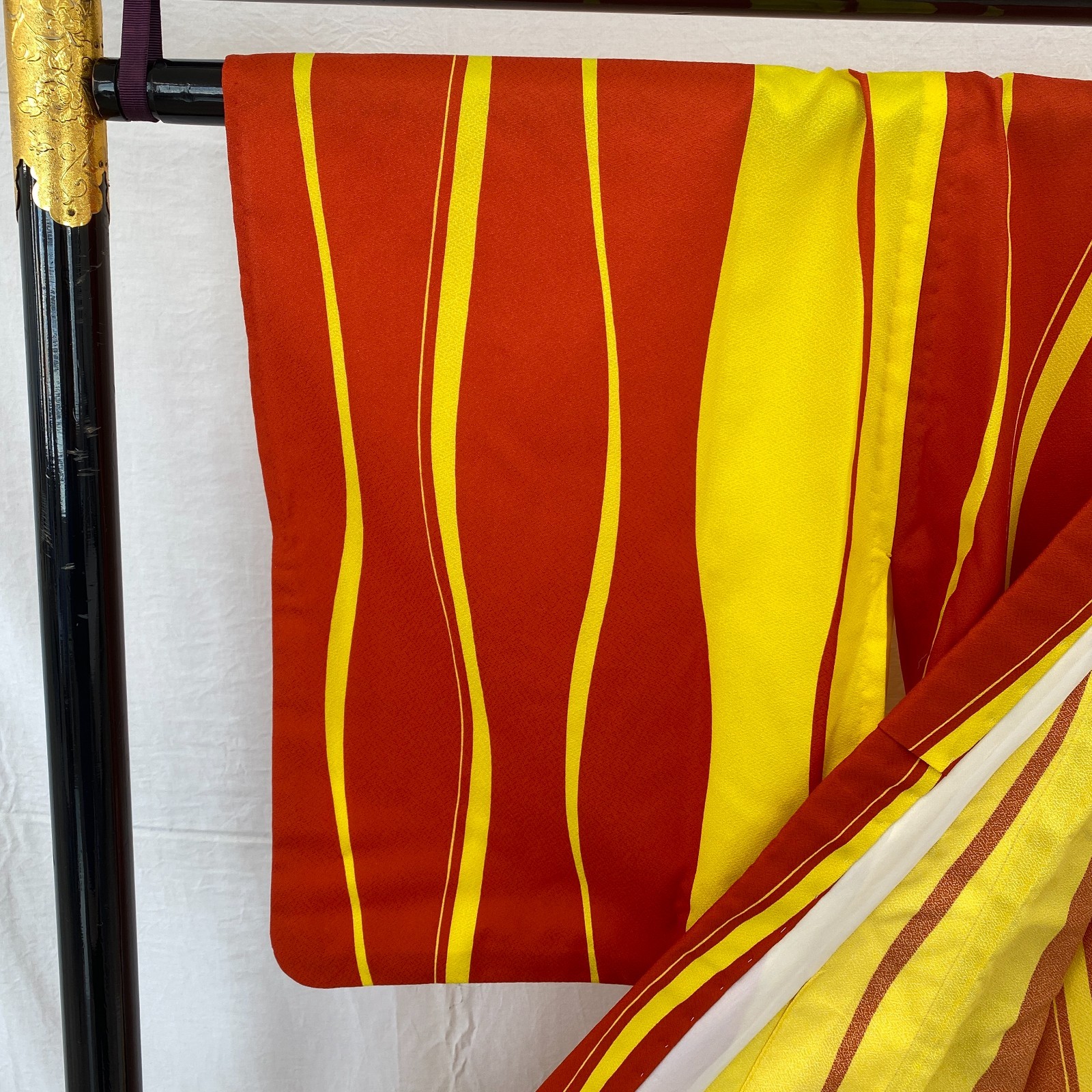 Japanese Vintage Kimono Polyester Yellow No Lining Traditional Length 66 in