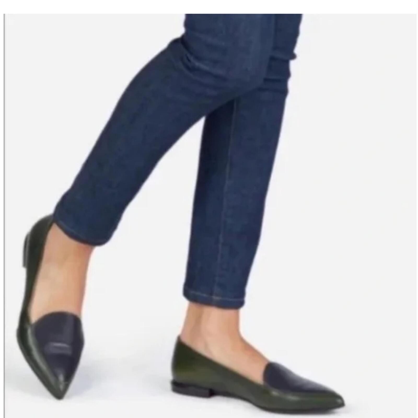 Everlane The Modern Point Flat Forest Green/ Black Leather Flats