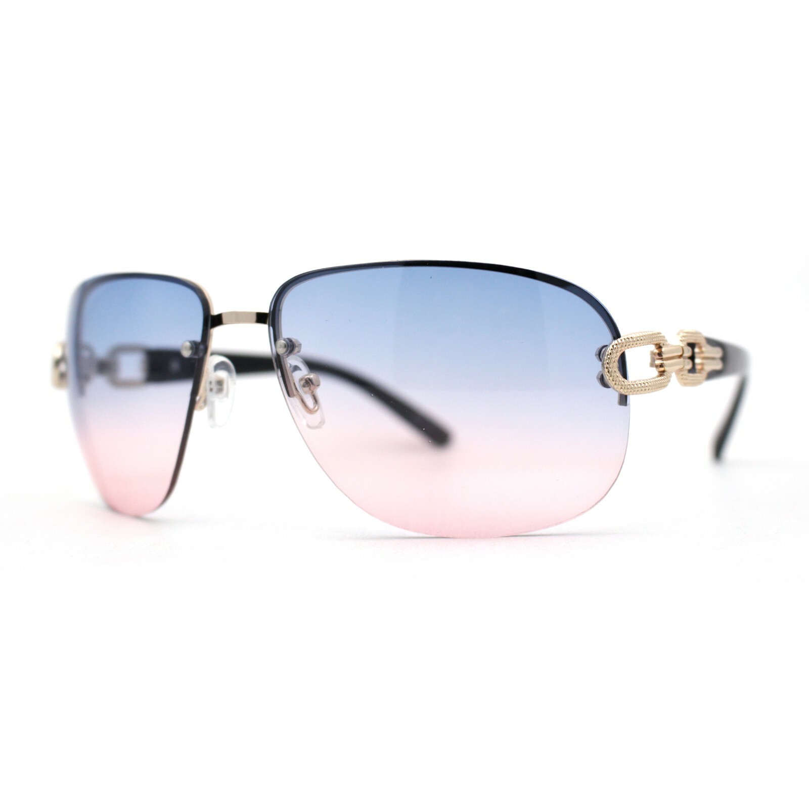 Womens Classic 90s Rimless Jewel Chain Arm Round Wrap Sunglasses