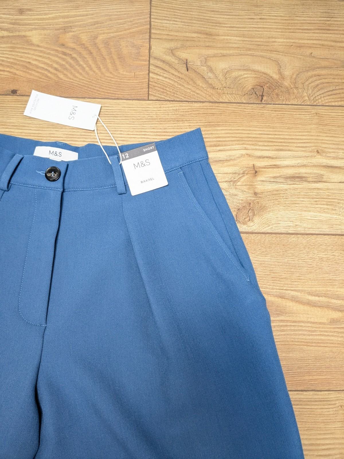 BNWT M&S BLUE Barrel Leg High Waist Pleated Smart TROUSERS UK 16 regular