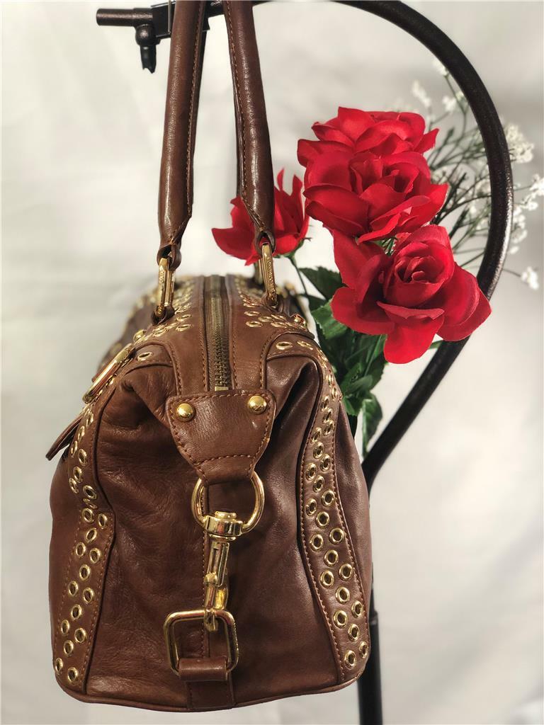 REBECCA MINKOFF Gold Tone Grommet-Embellished M.A.B. Bag In Brown Leather