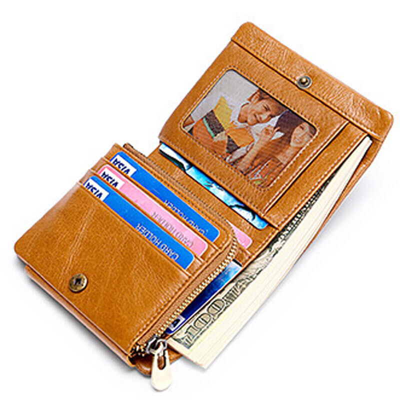 Cowhide Leather Mens Trifold Wallet RFID Blocking Card Holder Zipper Coin Purse
