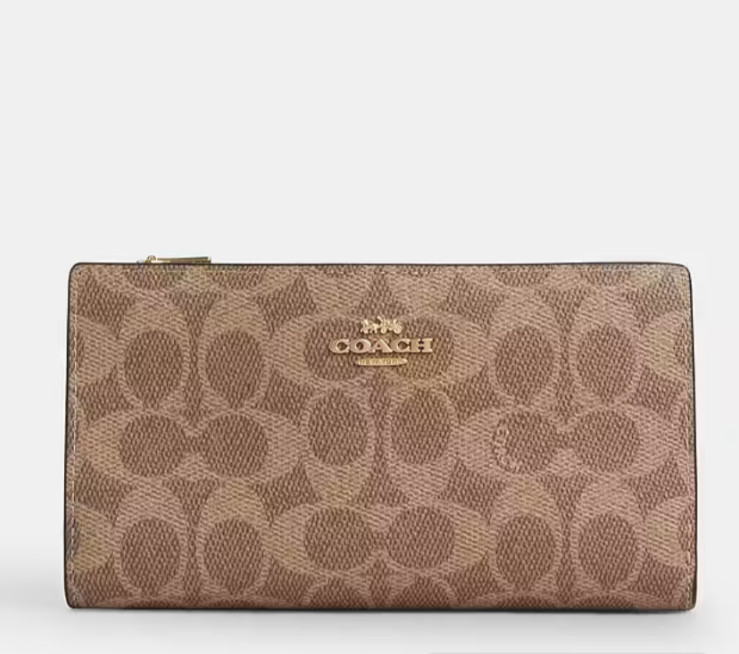 COACH Slim Zip Wallet in Signature Canvas – Gold/Tan/Brown
