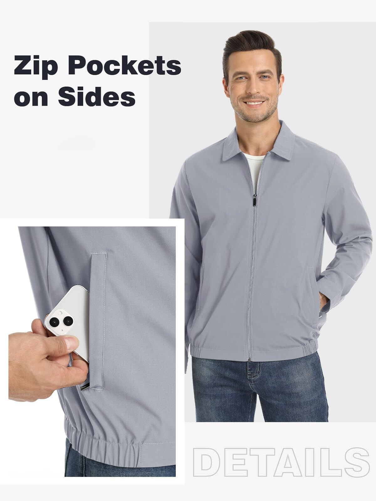 Men’s Lightweight Jackets Casual Laydown Collar Jacket Full-Zip Spring Golf Coat