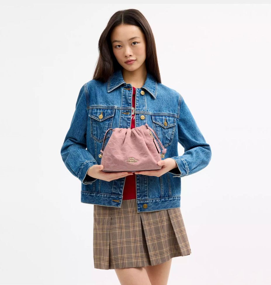 COACH Faye Drawstring Bag Signature Denim Light Pink CFD03 IMNH1 Auth New