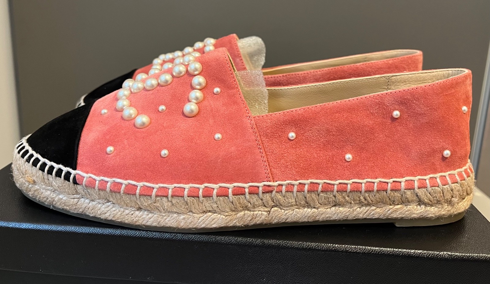 Chanel Espadrilles Pink and Black Suede with Pearl CC- Authentic New in Box