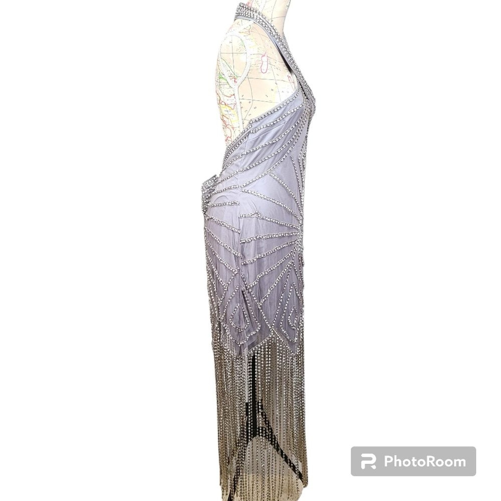 ASOS Design Size 14 Last Showgirl Silver Rhinestone Halterneck Fringed Dress NWT