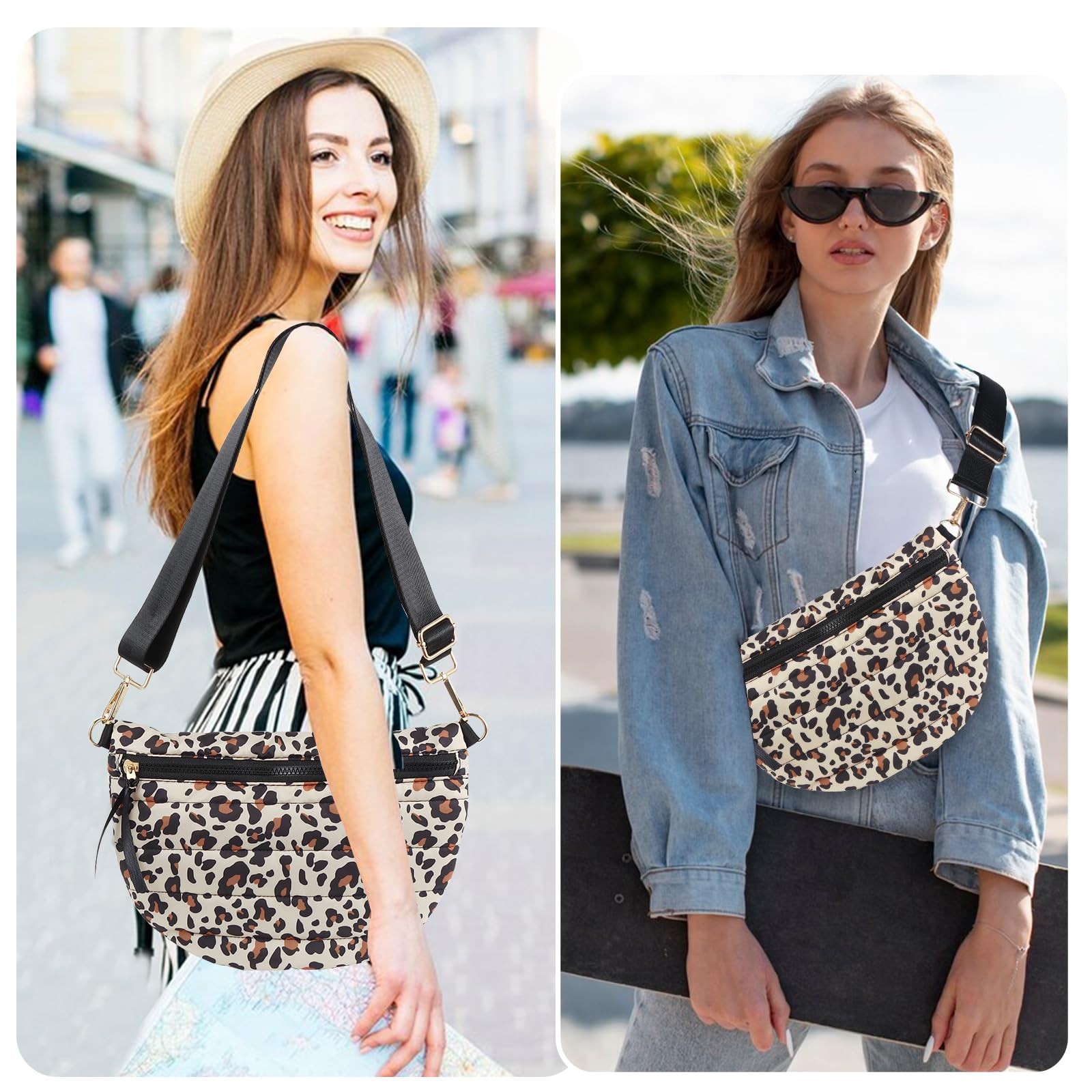 Quilted Puffer Belt Bag Puffy Sling Fanny 12 x 8 x 0.6 inches, LEOPARD