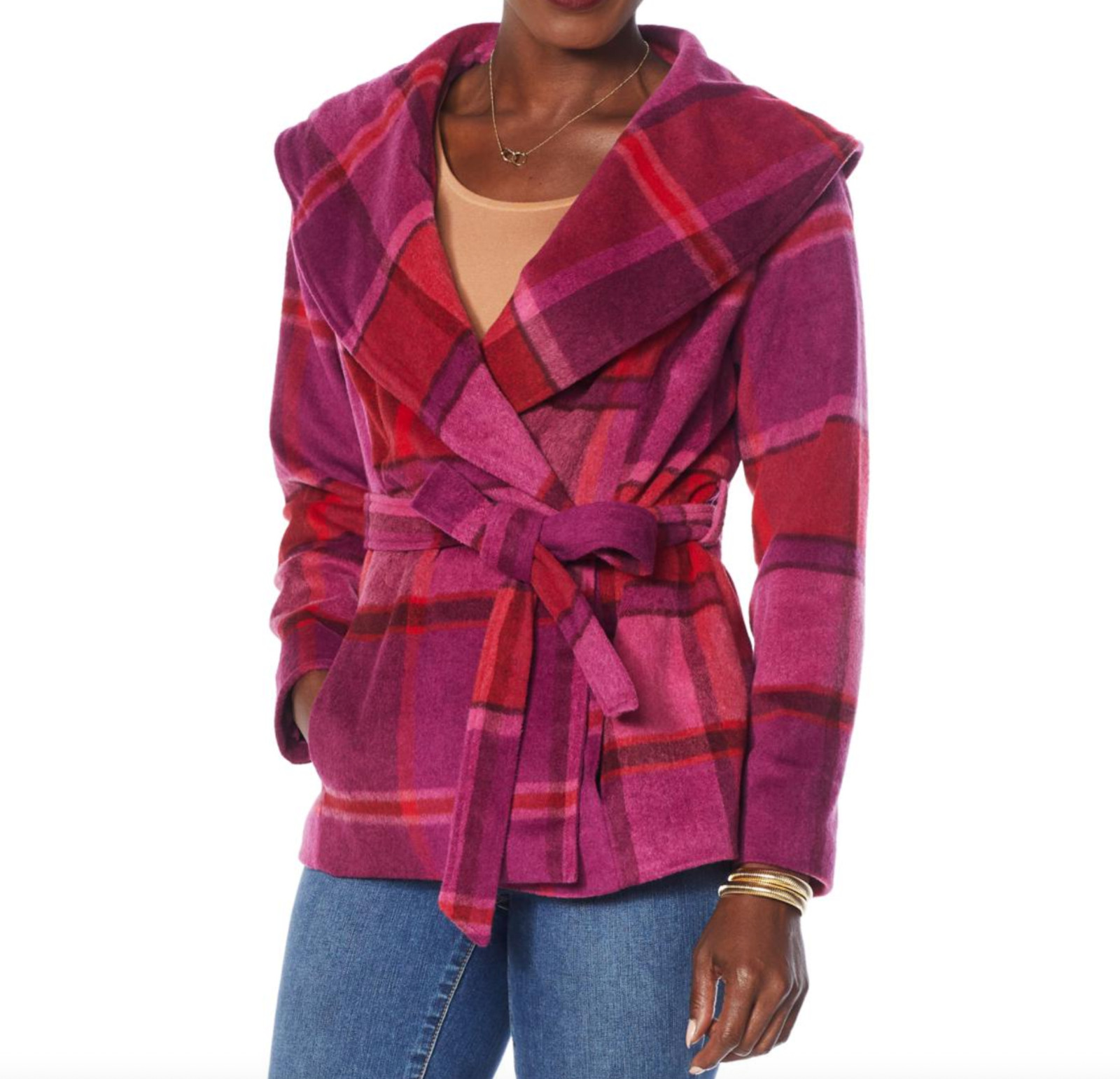 Colleen Lopez Women’s Plaid WoolBlend Belted Jacket Berry Medium Size