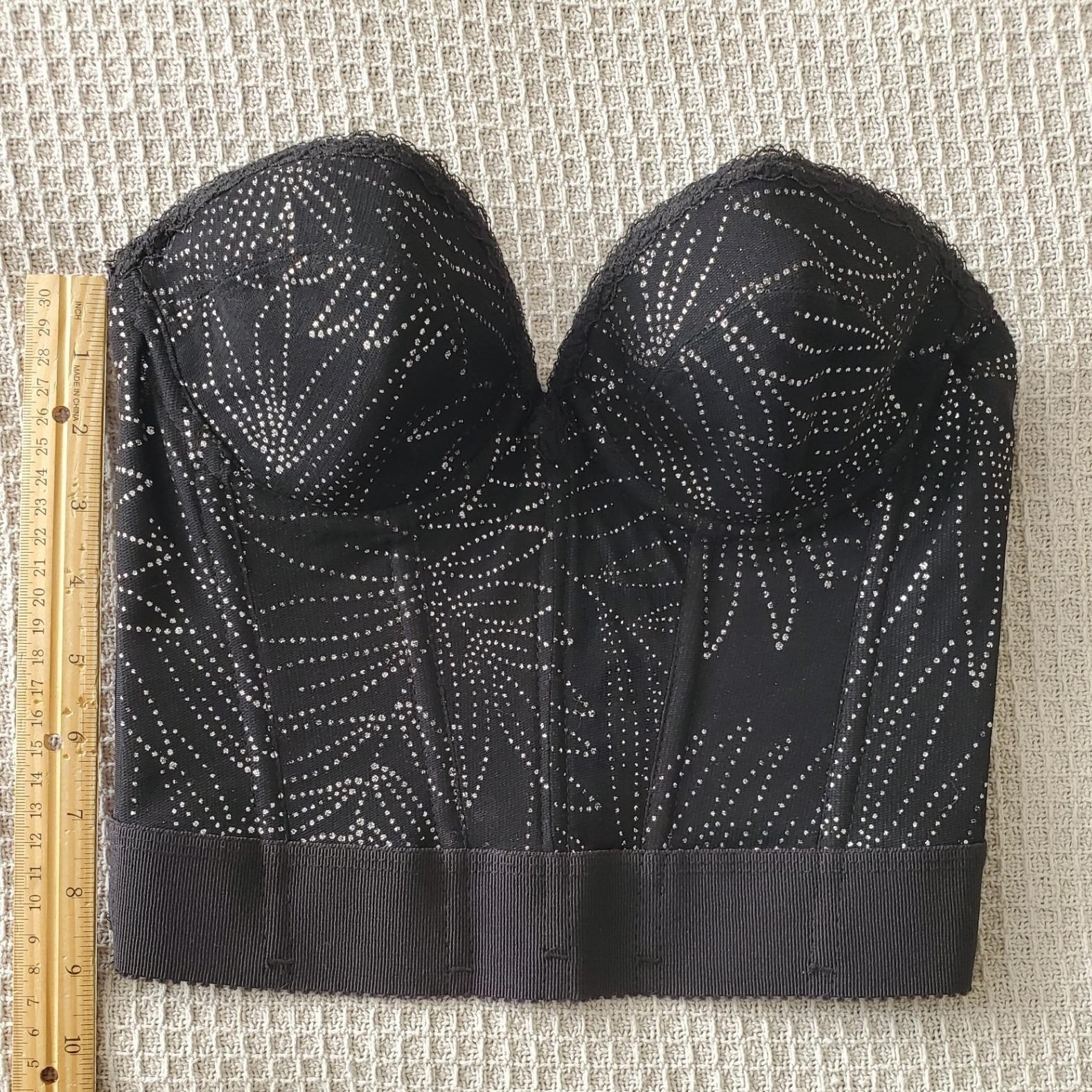 Vintage 90s Black Silver Lace Corset Strapless Floral Bustier Mesh Lingerie 34B