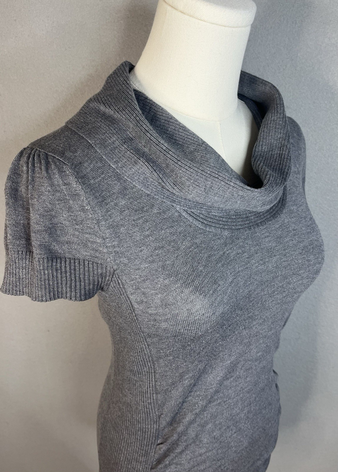 Takeout Size S Gray Turtleneck Short Sleeve Ruched Sides Knit Sweater Shirt Y2K