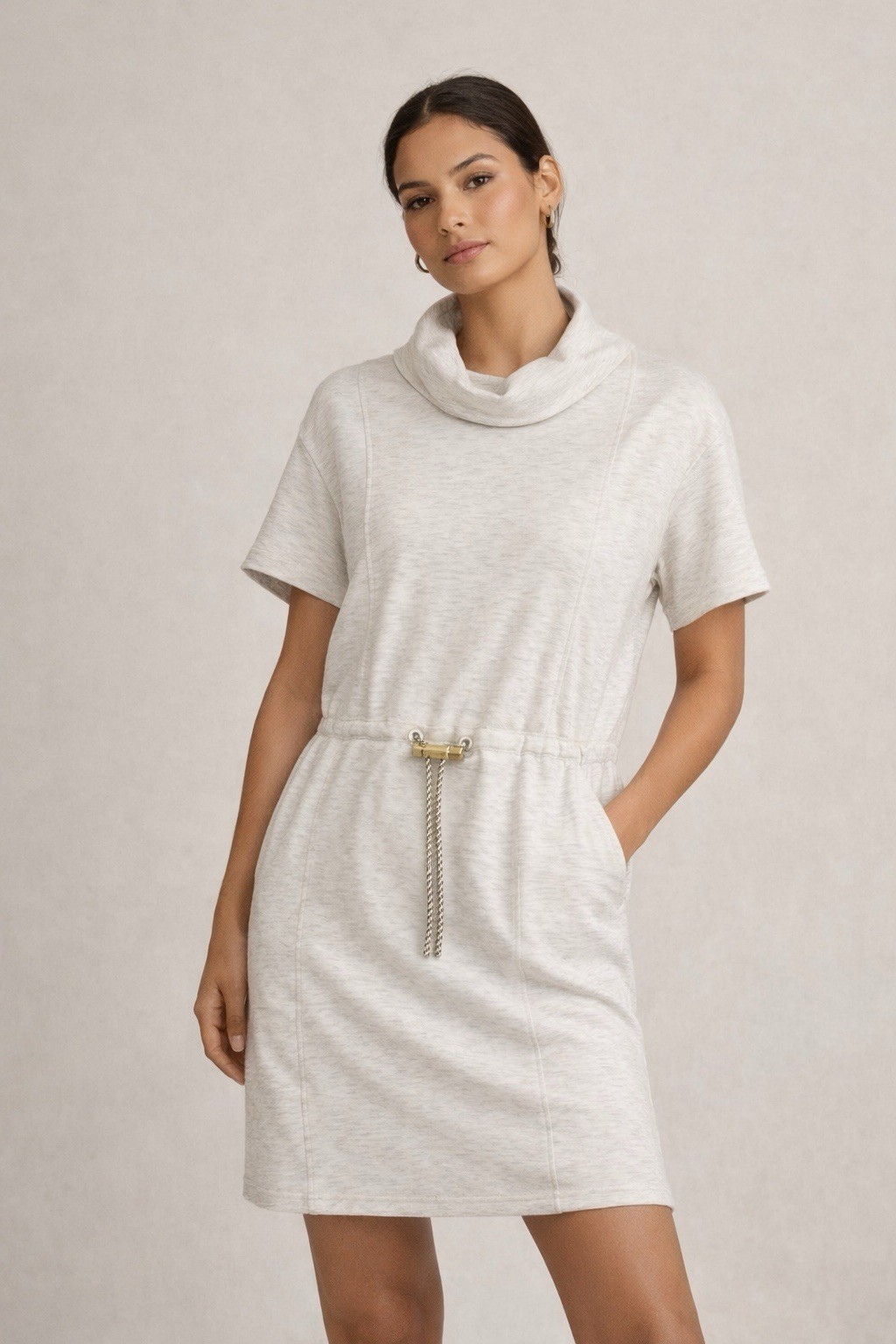 Varley Sophie Doublesoft Dress Ivory Marl Cowl neck Athleisure XS