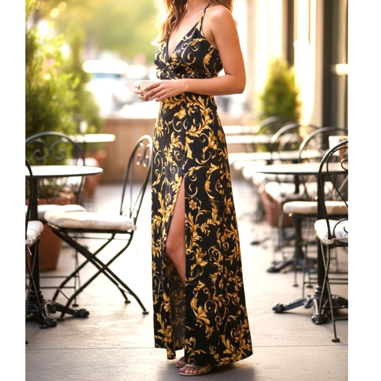 DNA Couture Black & Gold Baroque Scroll Print V-Neck Maxi Dress Size Small