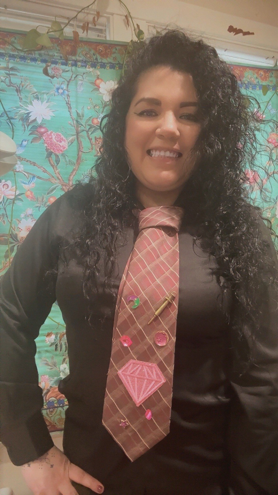 Men’s Brown Plaid Necktie with Pink Embroidered Diamond Accents One Size