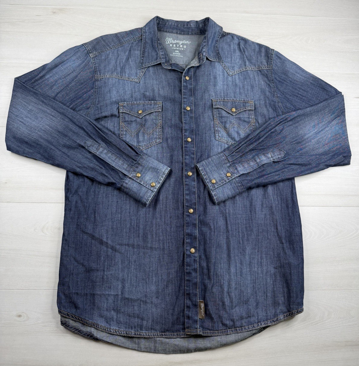 Wrangler Retro Denim Pearl Snap Shirt Blue Faded Western Lightweight Mens 2XL