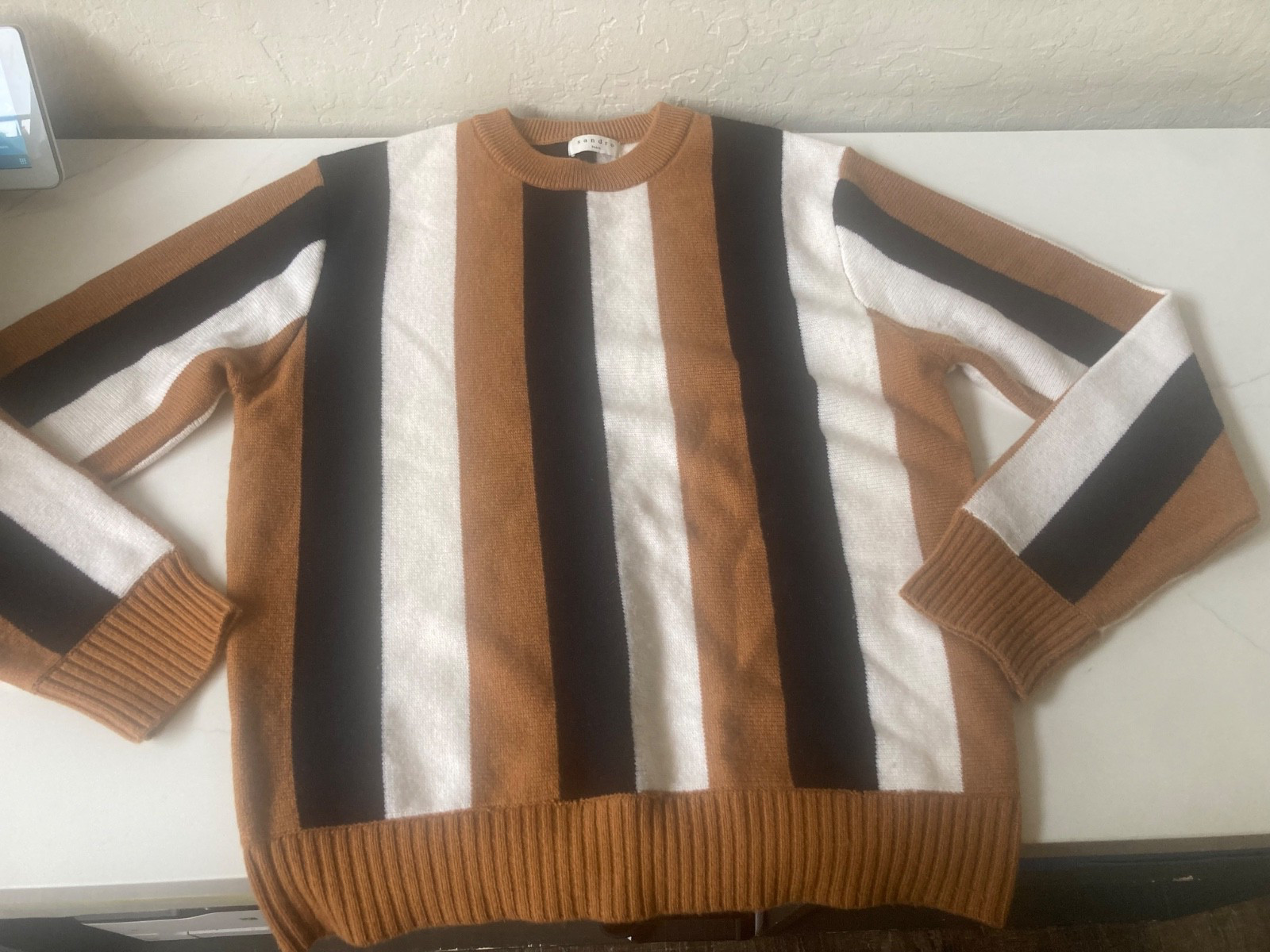 Sandro Striped Sweater Black White Brown Wool Cashmere Preppy Cozy Office Work L